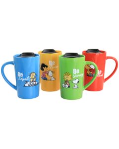 Peanuts Gentle Reminders Stoneware 4 Piece 18oz Travel Cups in Assorted Designs